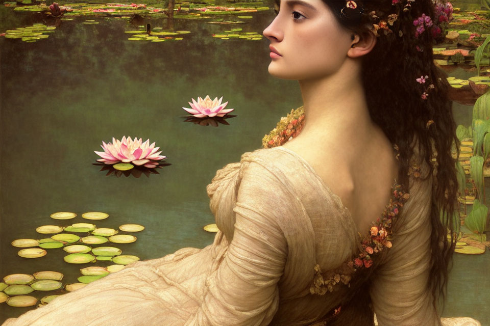 Classical portrait of woman with flowers in hair by serene pond