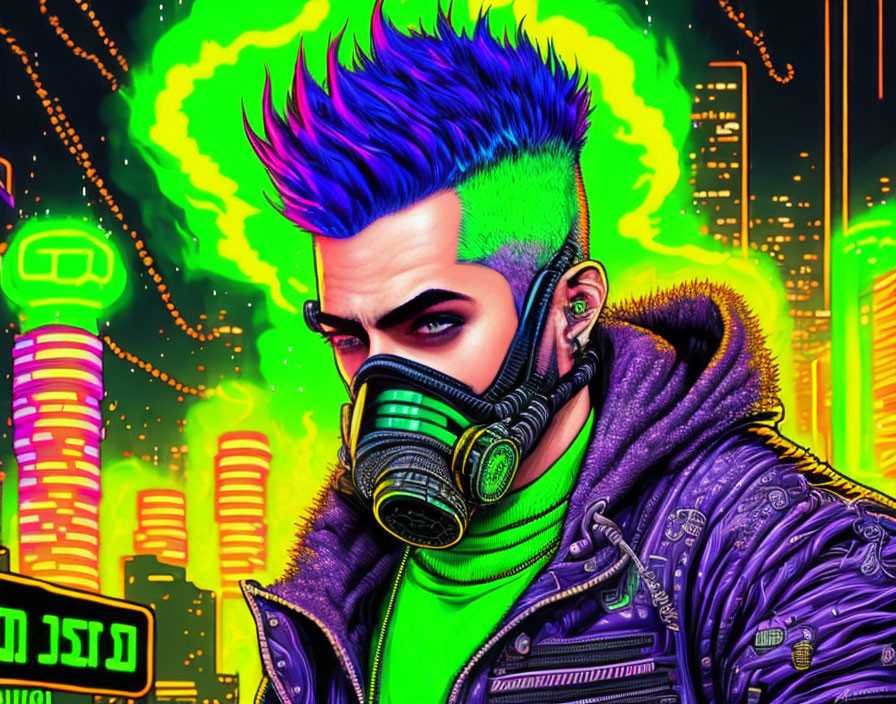 Futuristic cityscape with character in blue spiked hair and green gas mask