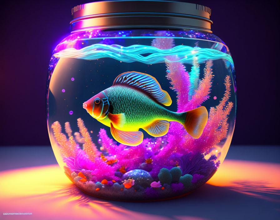 Colorful fish in jar with neon coral and dynamic lighting recreates underwater scene
