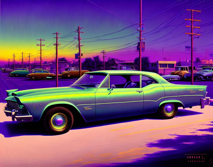 Colorful Classic Car with Sunset Background in Surreal Digital Art