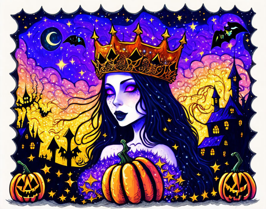 Colorful Queen with Golden Crown Holding Pumpkin in Halloween Scene