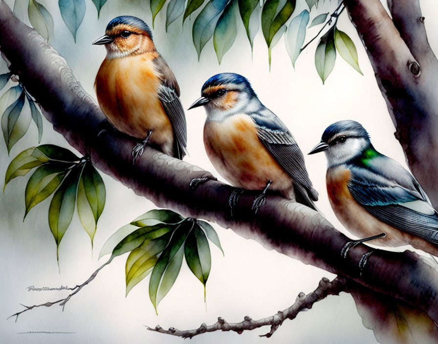 Realistic watercolor painting of three swallows on branch with green leaves