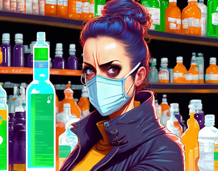 Intense gaze person with face mask among colorful beverage bottles