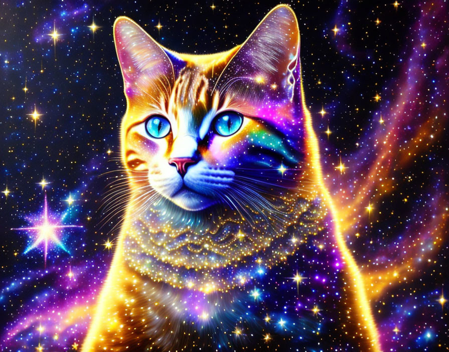 Colorful Cosmic Cat Head Artwork with Nebula Pattern