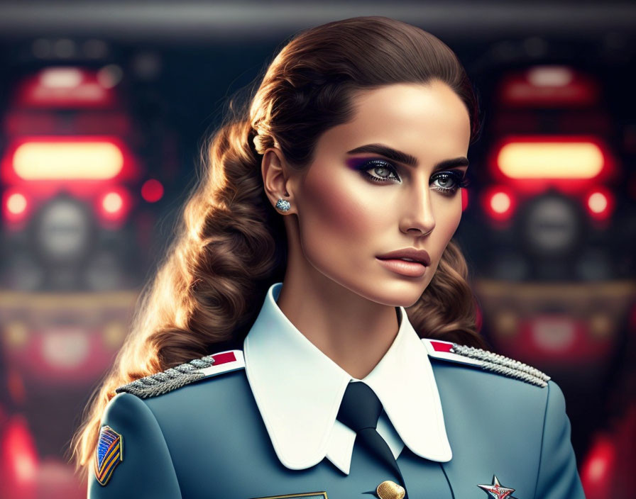 Woman with braided hairstyle in military uniform surrounded by blurred robot figures