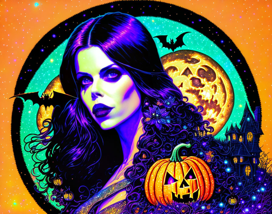 Colorful Halloween-themed artwork: woman, full moon, bats, pumpkin, haunted house