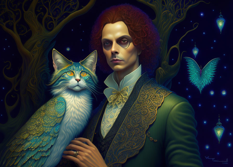 Fantastical painting of person with ornately feathered cat in starry, lantern-lit scene