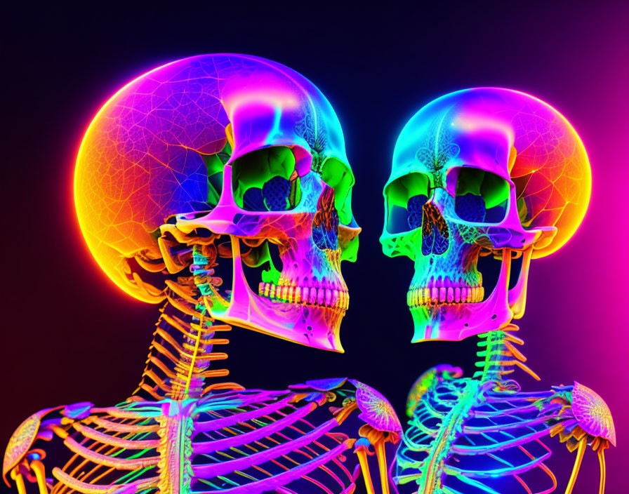 Neon-colored skeletons display human anatomy on black background