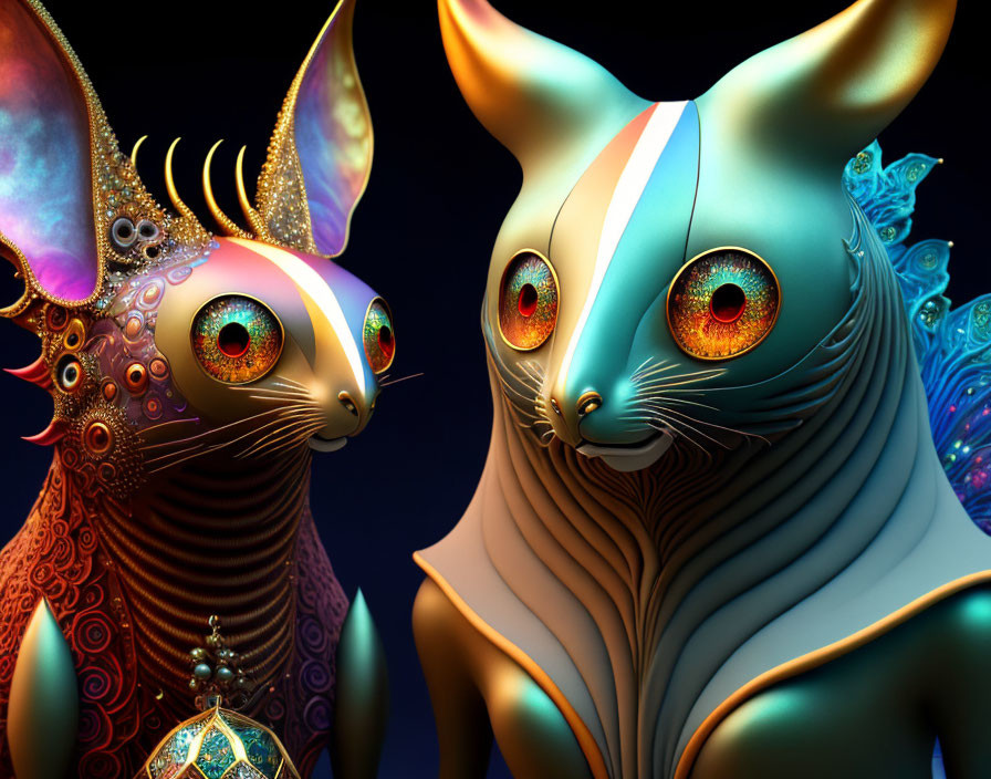 Fantastical cat creatures with vibrant eyes and ornate patterns in colorful setting