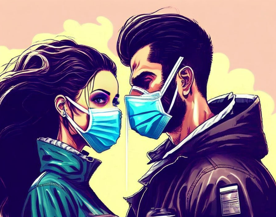 Man and woman in surgical masks with stylized hair on pink and yellow background