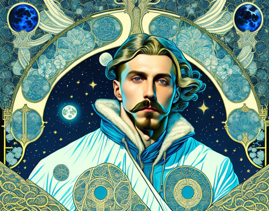 Man with Mustache in High-Collar Coat Amid Celestial and Floral Motifs