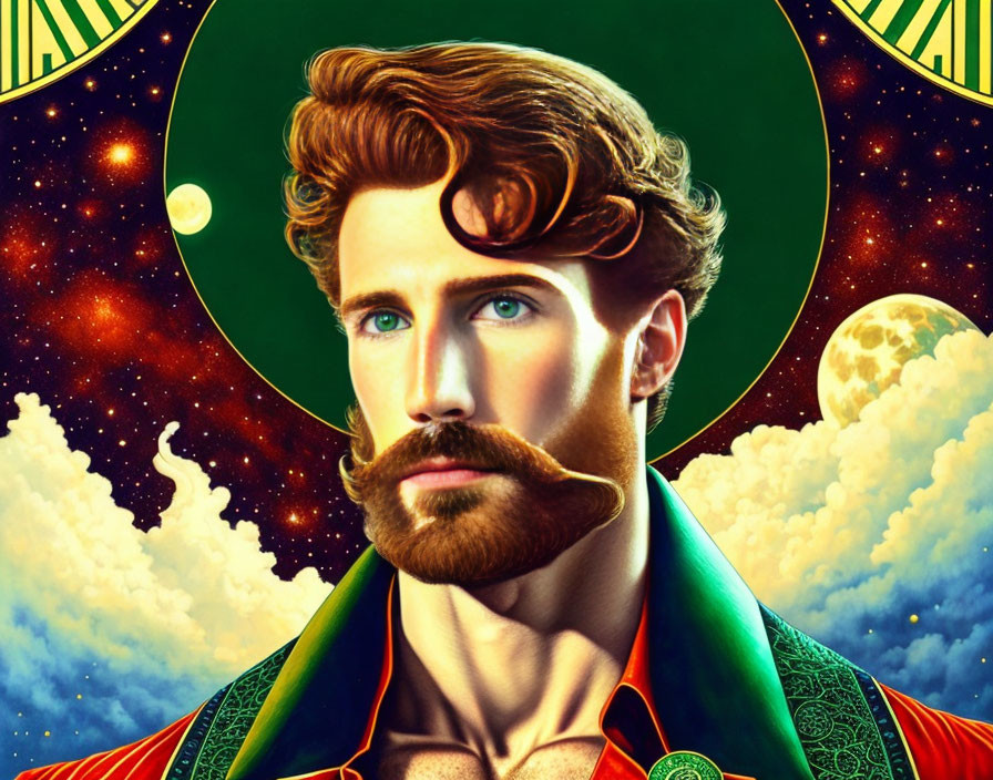 Colorful cosmic portrait of a man with stylized mustache and regal cloak