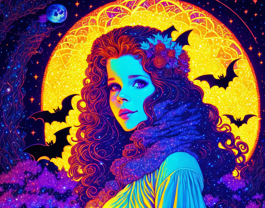 Colorful Psychedelic Woman with Floral Hair in Moonlit Night