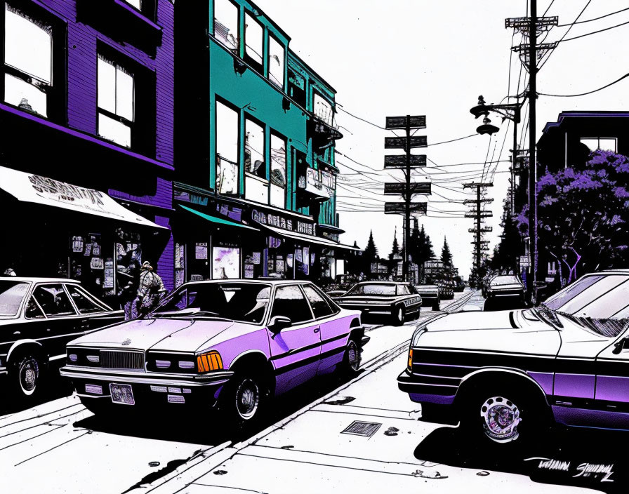 Purple-toned street scene illustration with buildings, cars, person, and utility poles under a gray sky