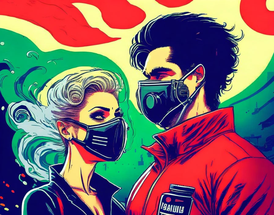 Colorful Stylized Illustration of Man and Woman in Masks