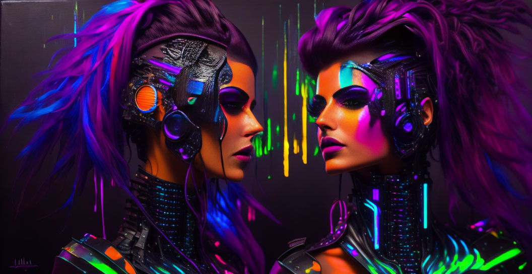 Futuristic women with cybernetic enhancements and neon makeup in dramatic confrontation