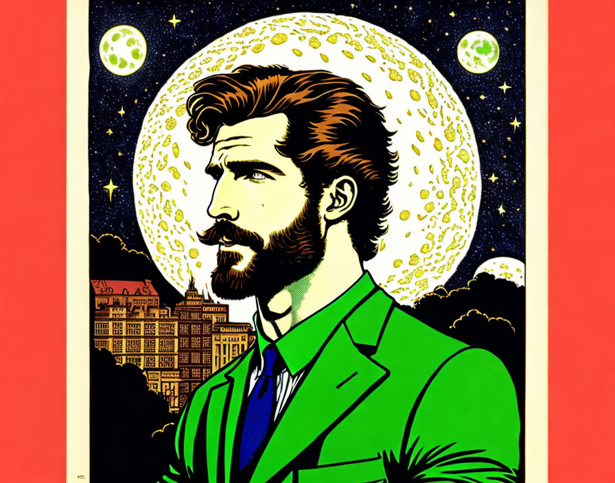 Man in Green Suit with Beard in Moonlit Night Sky Illustration