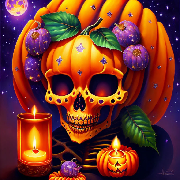 Colorful Halloween Still Life with Skull, Pumpkin, Baubles, Candle, and Starry Background