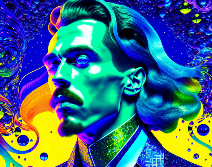 Colorful Psychedelic Portrait of Man with Neon Abstract Patterns