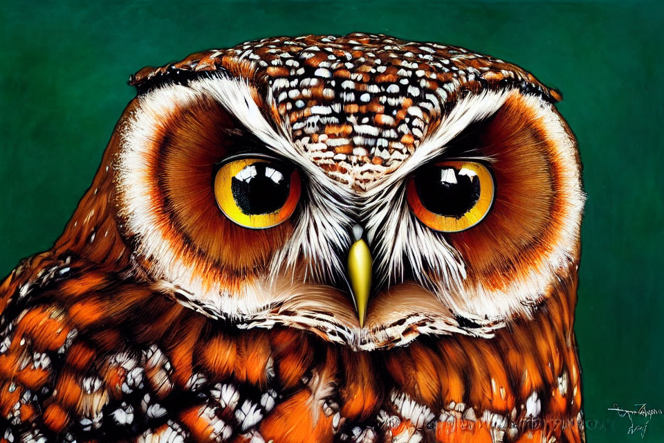 Detailed Owl Illustration: Vibrant Orange Feathers, Striking Yellow Eyes, Green Background