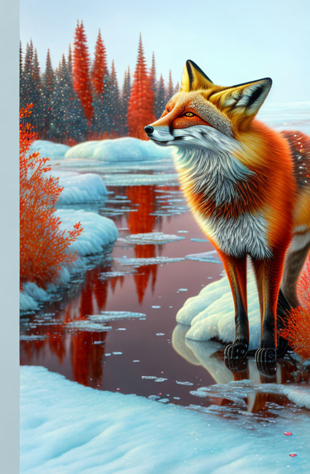 Detailed Illustration of Red Fox by Snowy Riverside