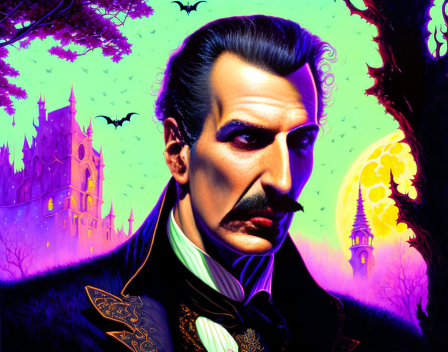 Classic Vampire Character with Castle, Moon, and Bats: Gothic Horror Illustration