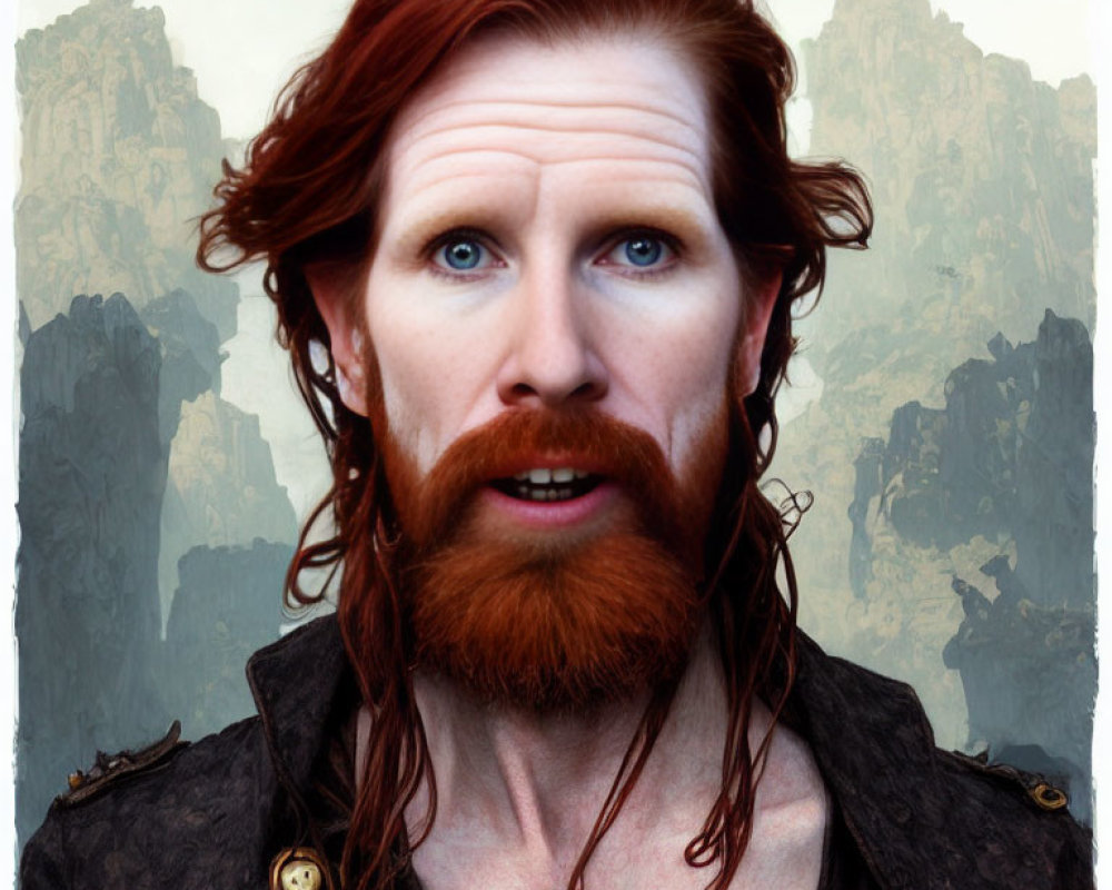 Man with Long Red Hair and Beard in Dark Shirt and Pendant, Mountainous Backdrop