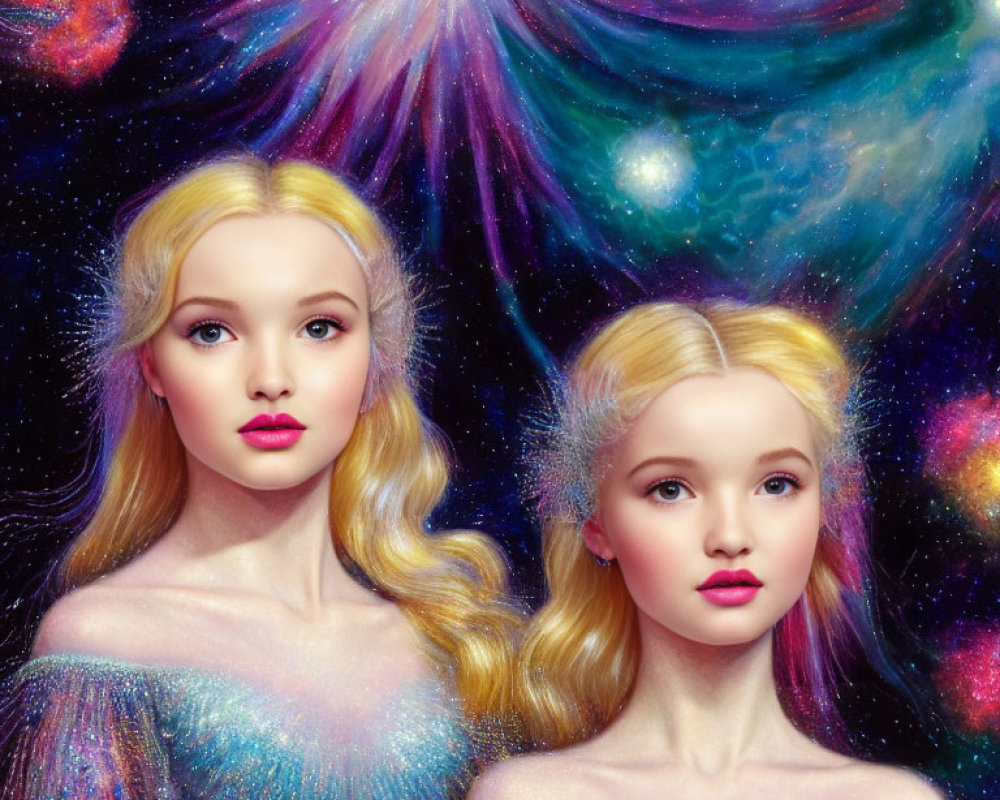 Blonde Women in Sparkling Dresses Amid Cosmic Background