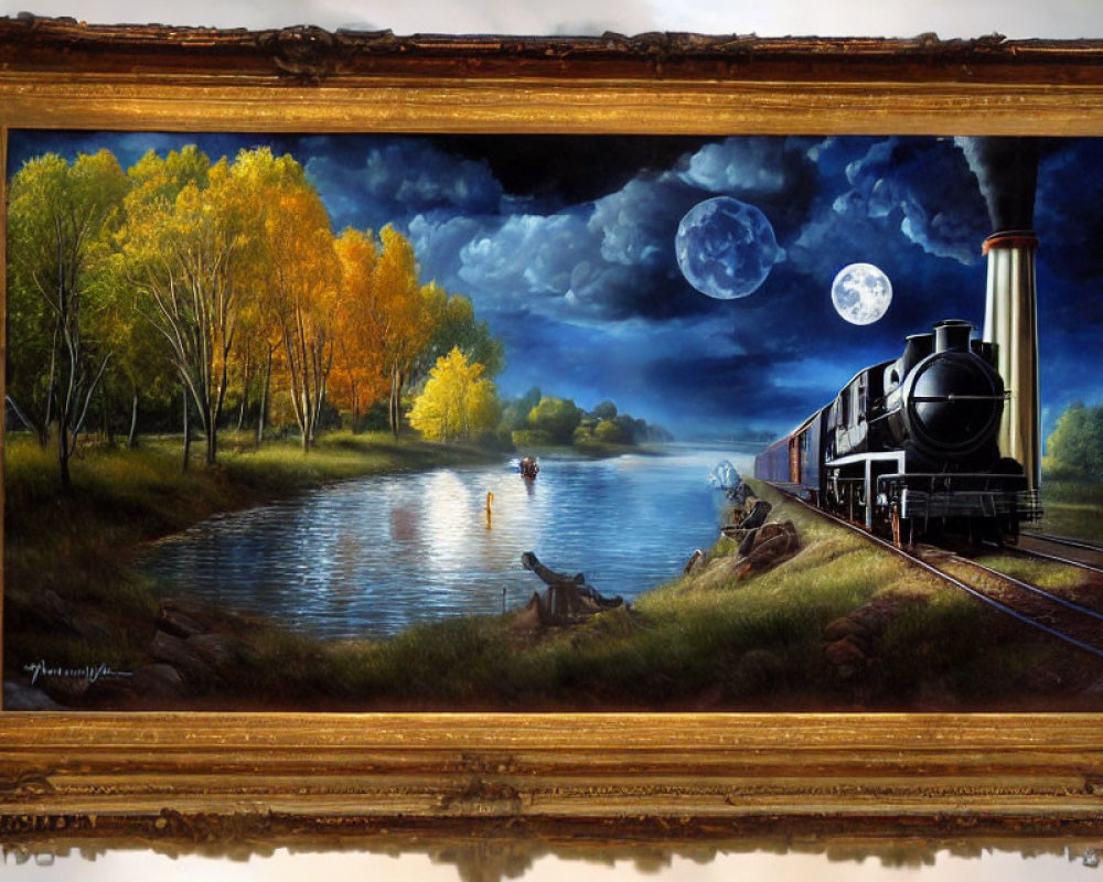 Framed painting of vintage train by river at night