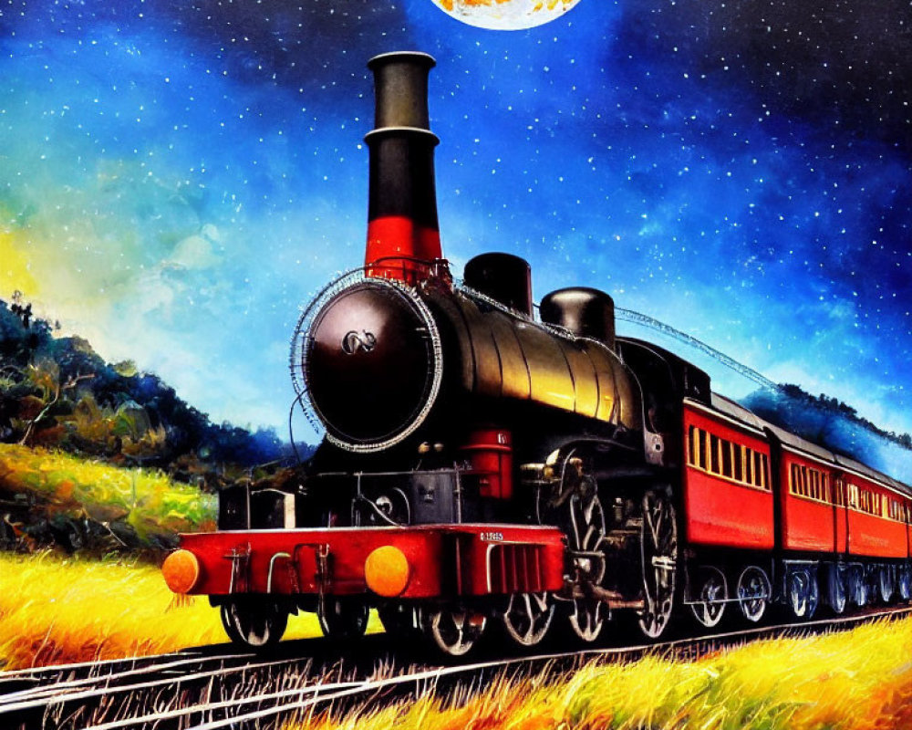 Vintage steam locomotive pulling red passenger coaches through vibrant field under starry sky with large moon.