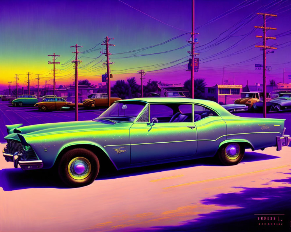 Colorful Classic Car with Sunset Background in Surreal Digital Art