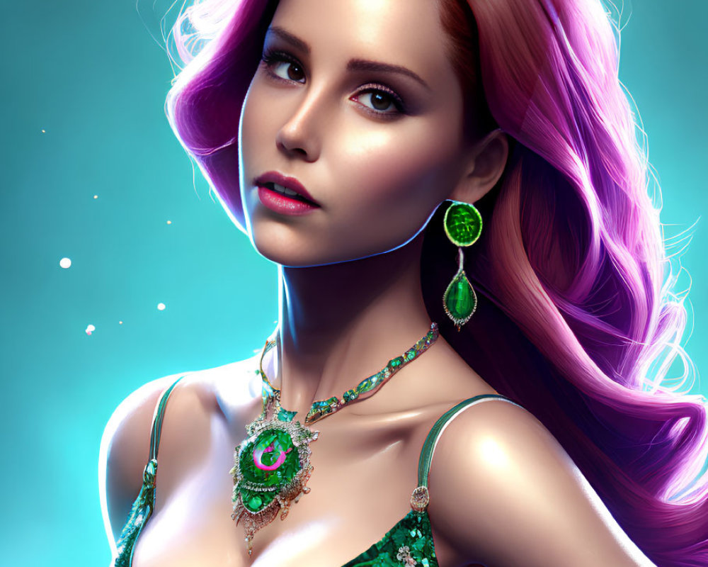 Vibrant pink-haired woman in green jewelry and sequined dress on turquoise backdrop