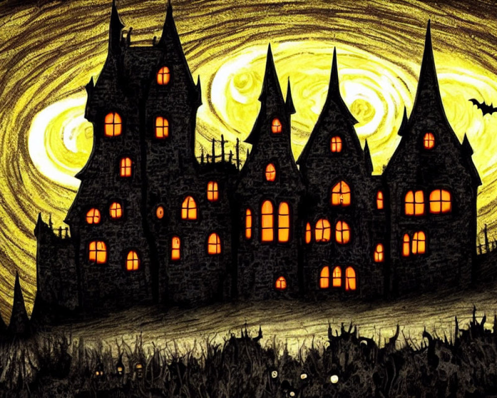 Towering castle with lit windows in spooky yellow sky