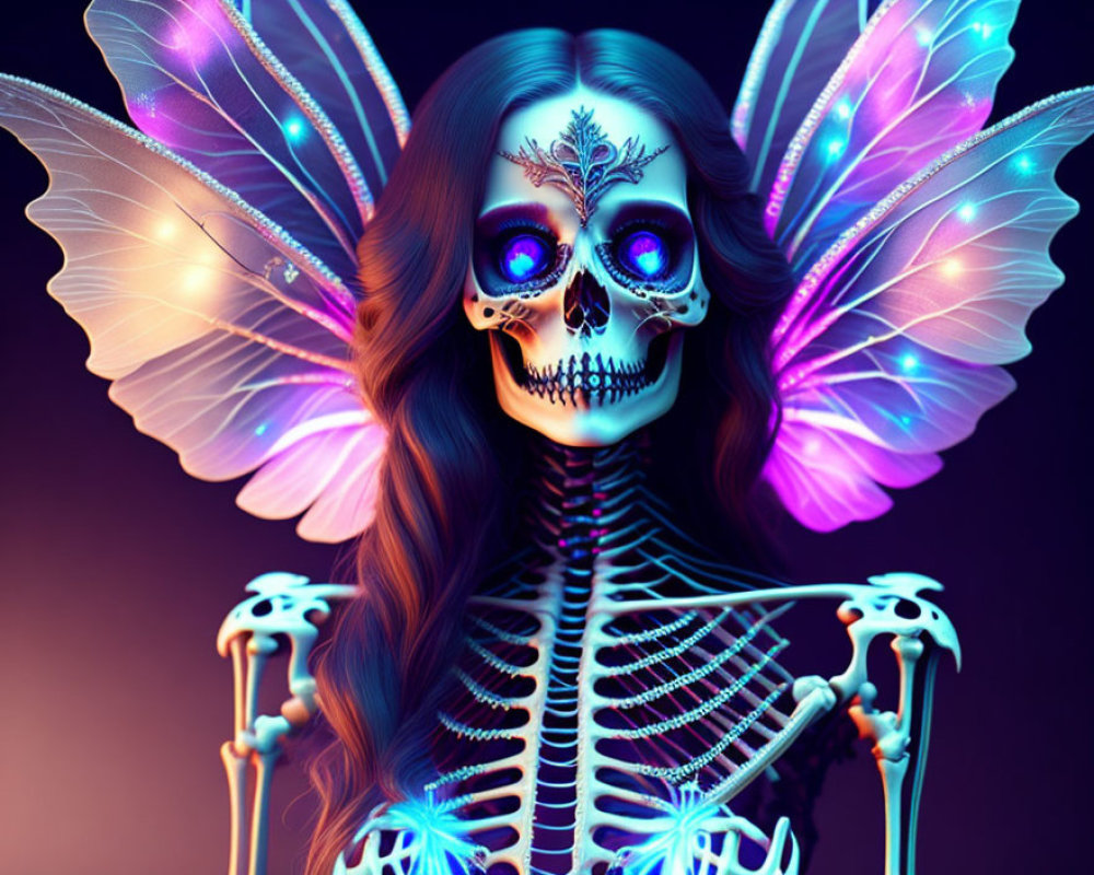 Intricate skull makeup on skeletal figure with vibrant butterfly wings in mystical setting