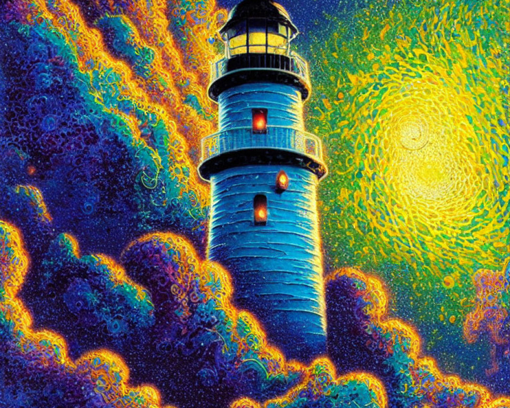 Colorful lighthouse artwork with swirling sea and sky in blue, orange, and yellow