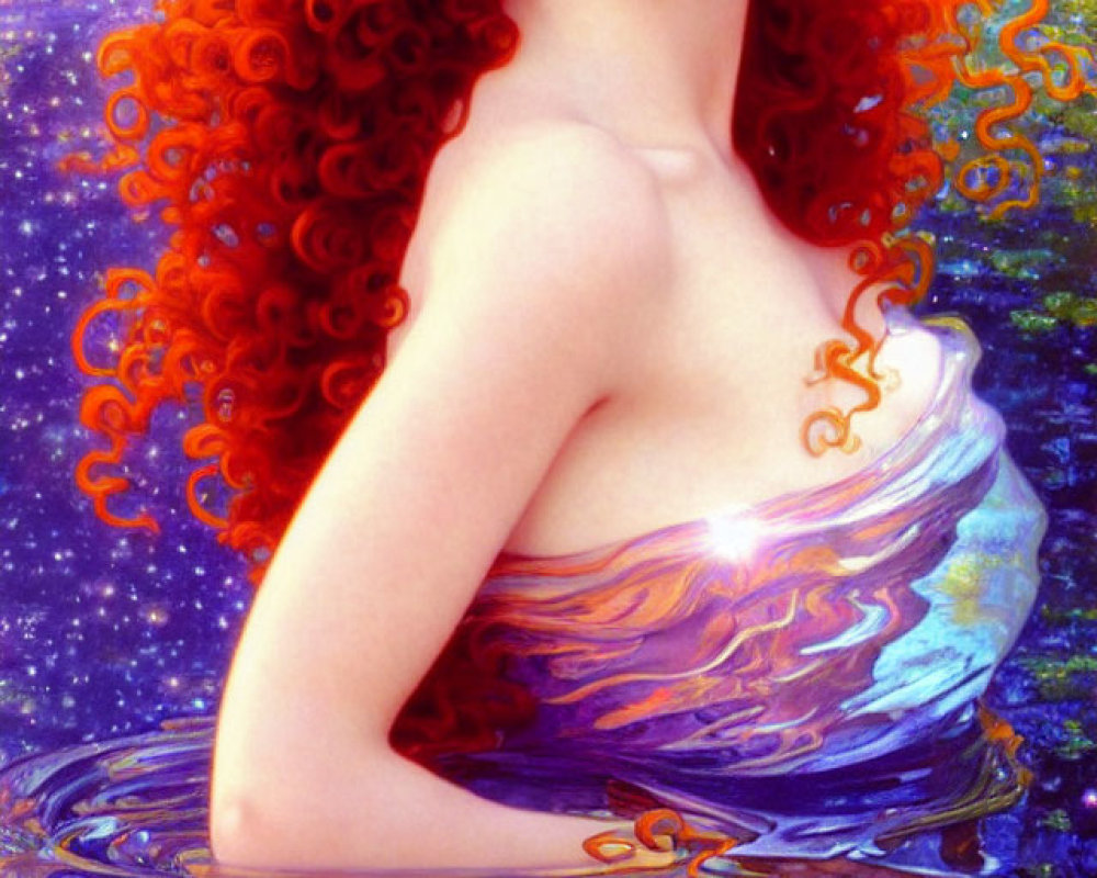 Vibrant red-haired woman in water with colorful garment under starry sky