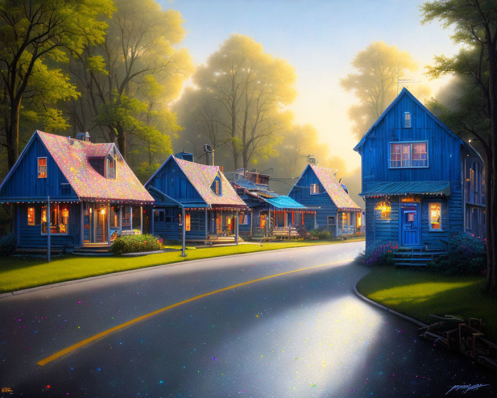 Tranquil Street Scene: Blue Houses, Twinkling Lights, Golden Mist