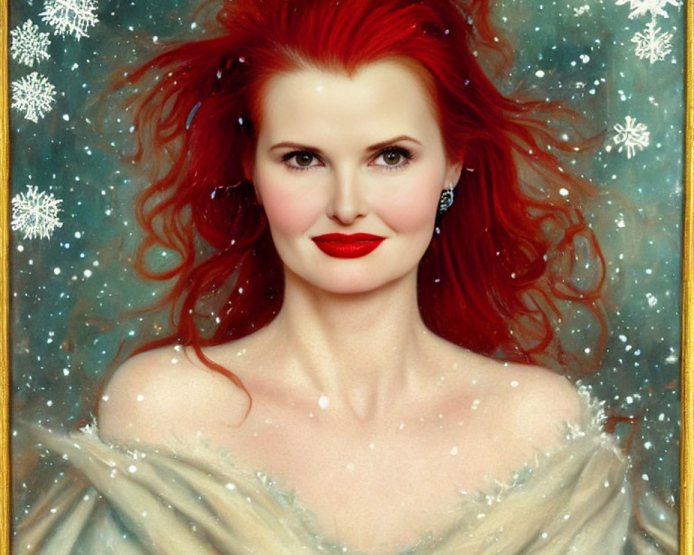 Portrait of Woman with Red Hair and Lipstick in Snowflake Surroundings