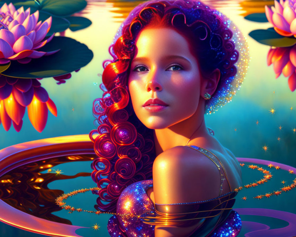 Illustration of Woman with Curly Red Hair Surrounded by Water Lilies and Sparkling Lights