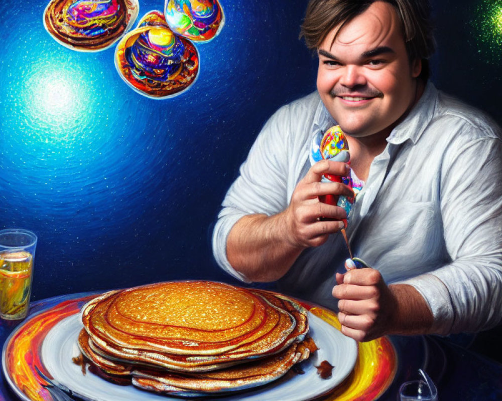 Person pouring syrup on pancakes with cosmic background and colorful orbs