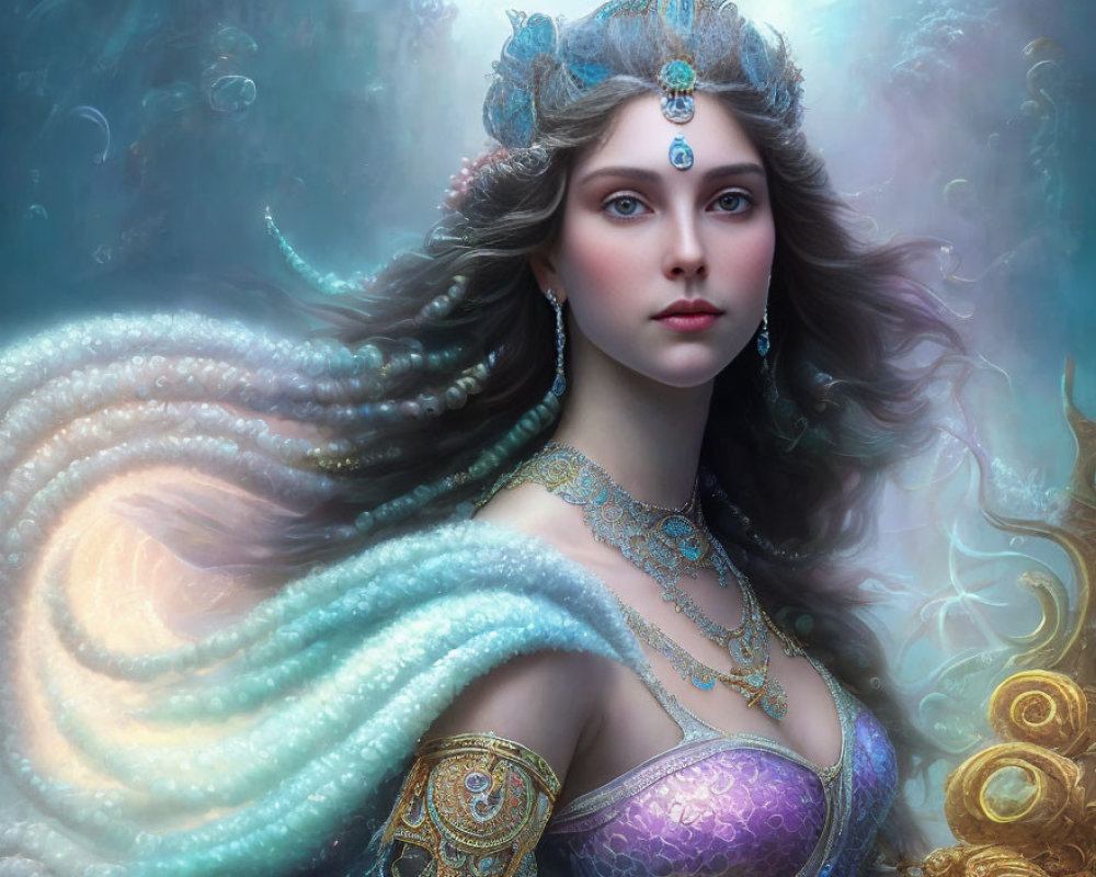 Fantasy portrait of woman with intricate headdress and luminescent tentacle-like structure