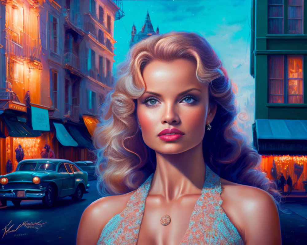 Blonde woman with blue eyes in digital art against vintage cityscape