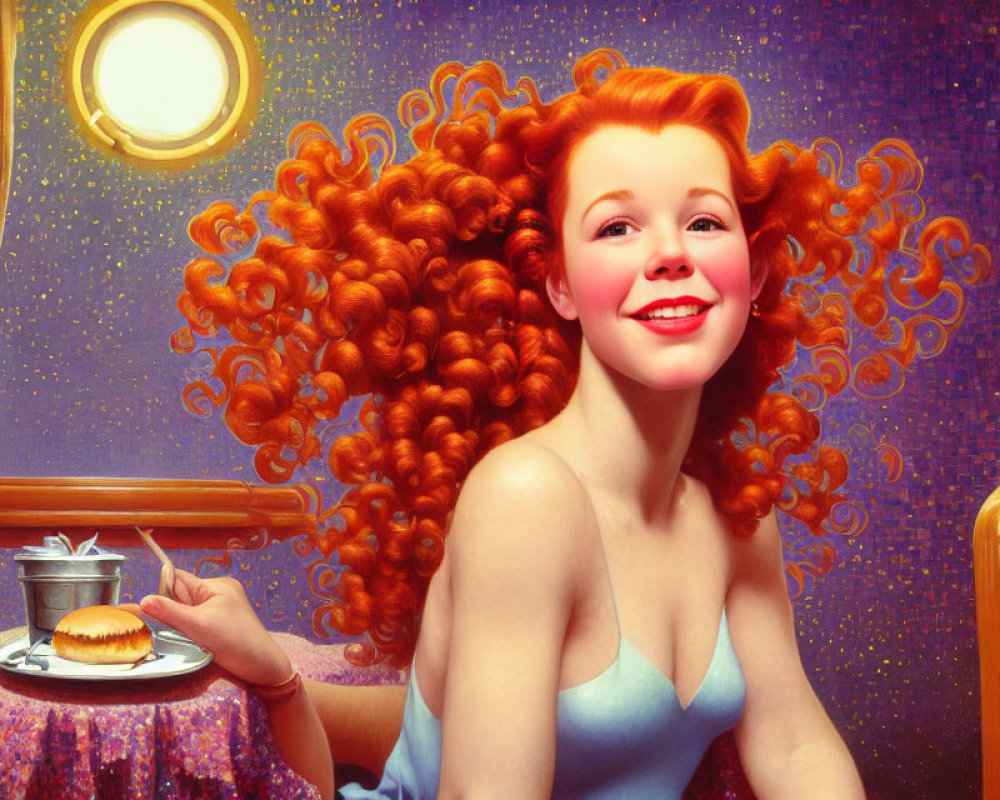 Red-haired woman with curly hair smiles by porthole window in retro-futuristic scene.