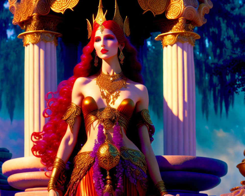 Fantasy queen with red hair and golden crown on throne in magical forest