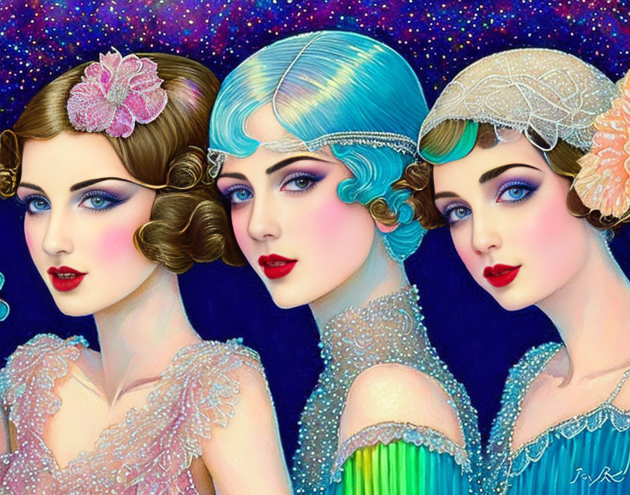 Vintage-style illustrated women with 1920s flapper hairstyles and attire in vibrant colors