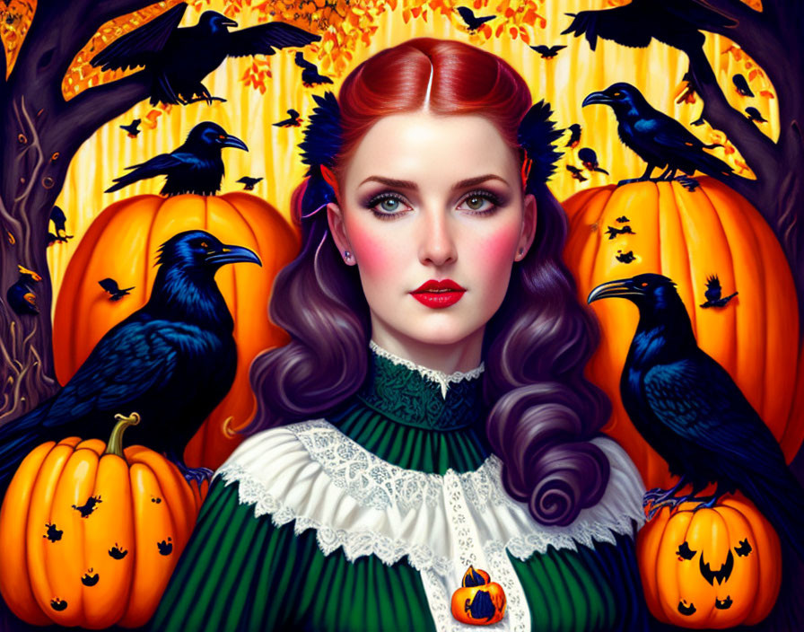 Red-haired woman in green and white vintage dress among pumpkins and ravens in autumnal setting.