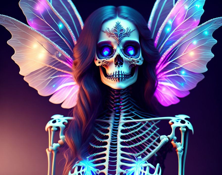 Intricate skull makeup on skeletal figure with vibrant butterfly wings in mystical setting