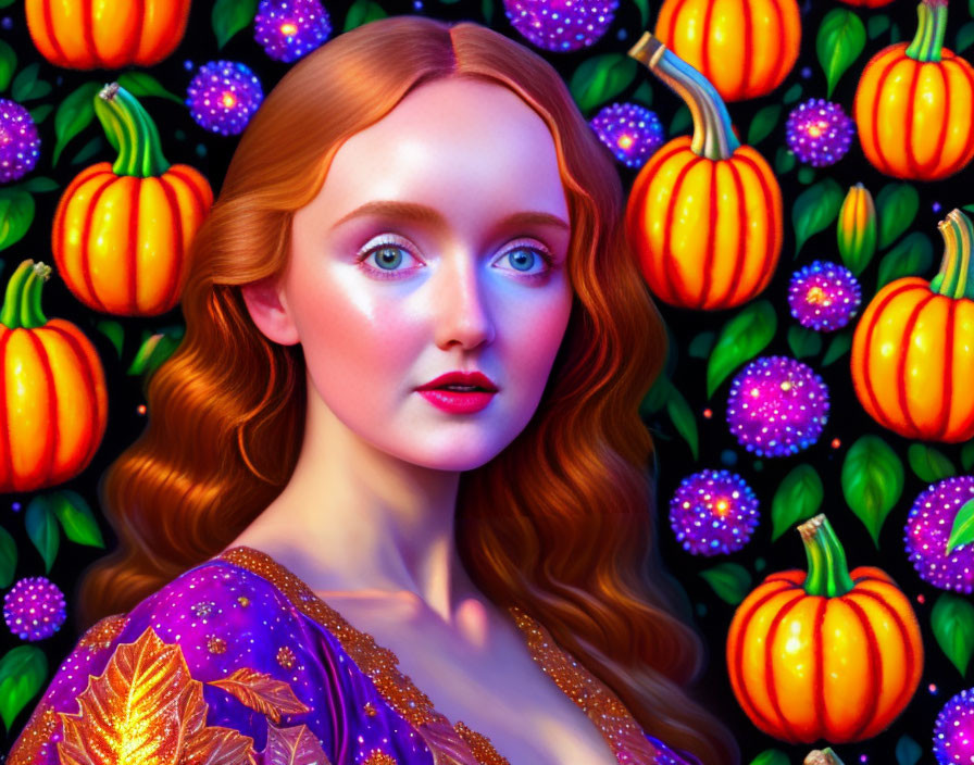 Red-haired woman with blue eyes in digital portrait amidst pumpkins and foliage