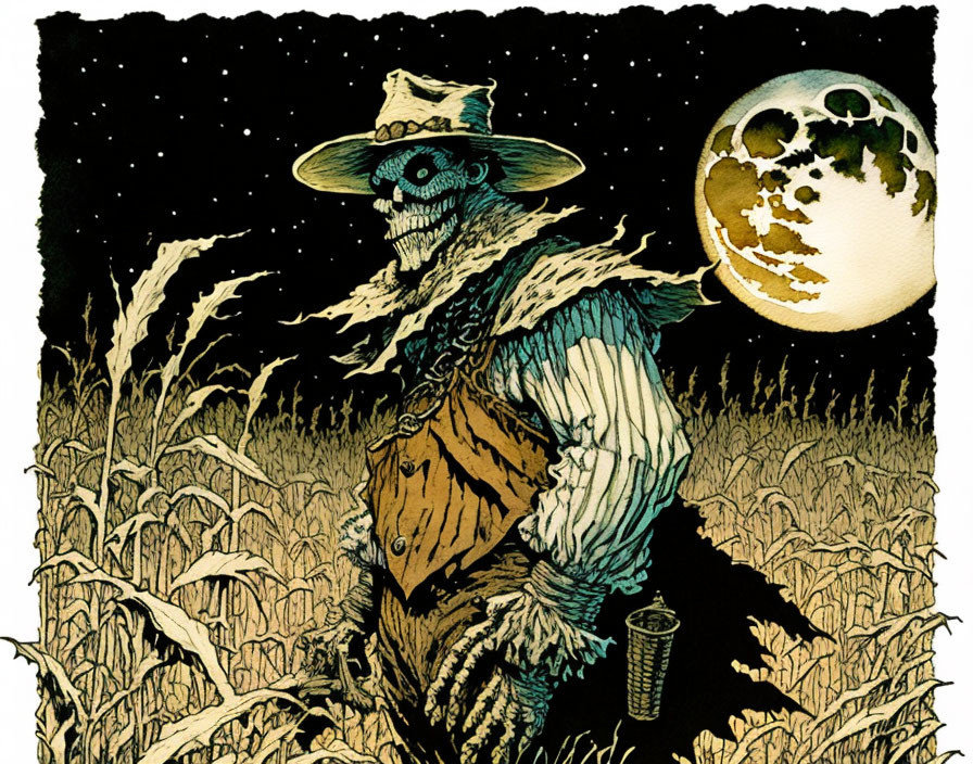 Skeletal scarecrow with lantern in cornfield under full moon