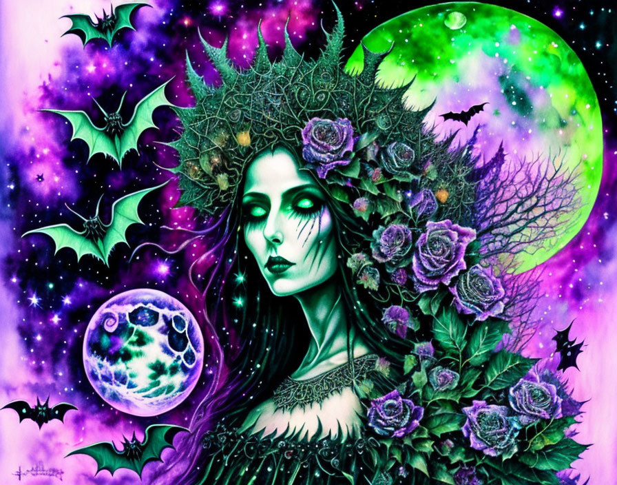 Fantastical Green-Skinned Woman with Bats and Purple Roses on Green Moon Background